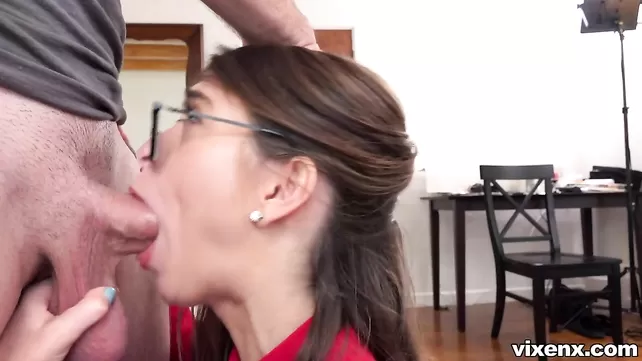 Brunette pulls deep throat on a friend's cock