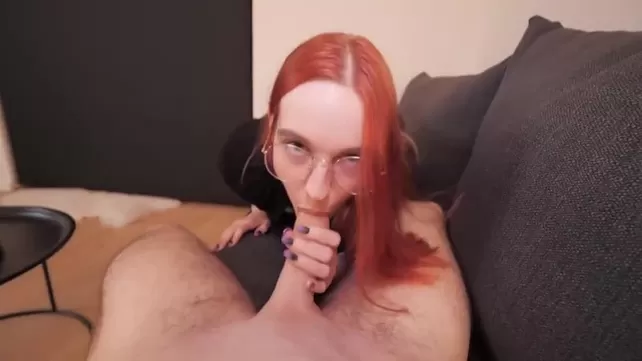 Red-haired girl with glasses substitutes a hole for sex