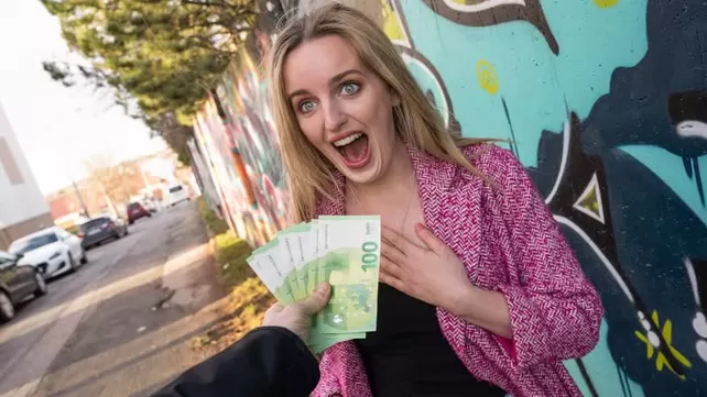 The blonde sat down on a big dick for money
