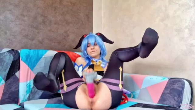 Cosplay model pulls pussy with a toy in different poses